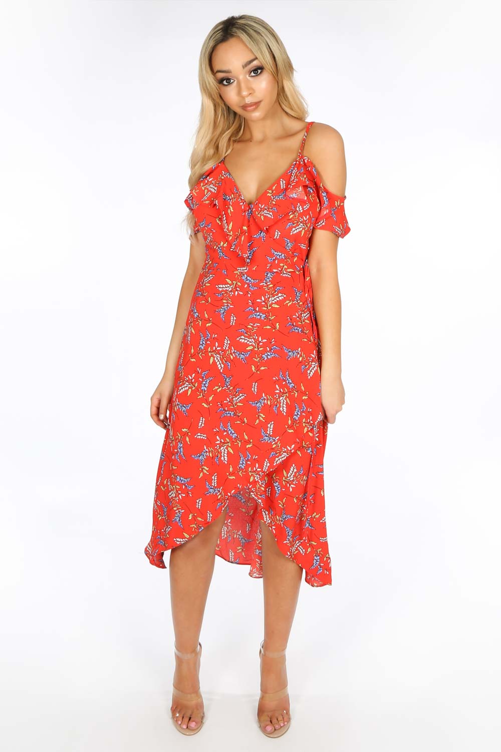 Red Cold Shoulder Floral Print Midi ...